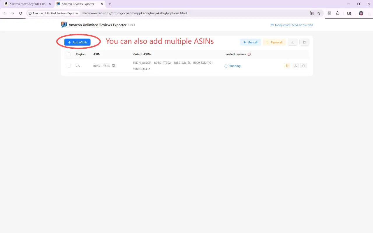 Live scraping progress showing the review count for each ASIN
