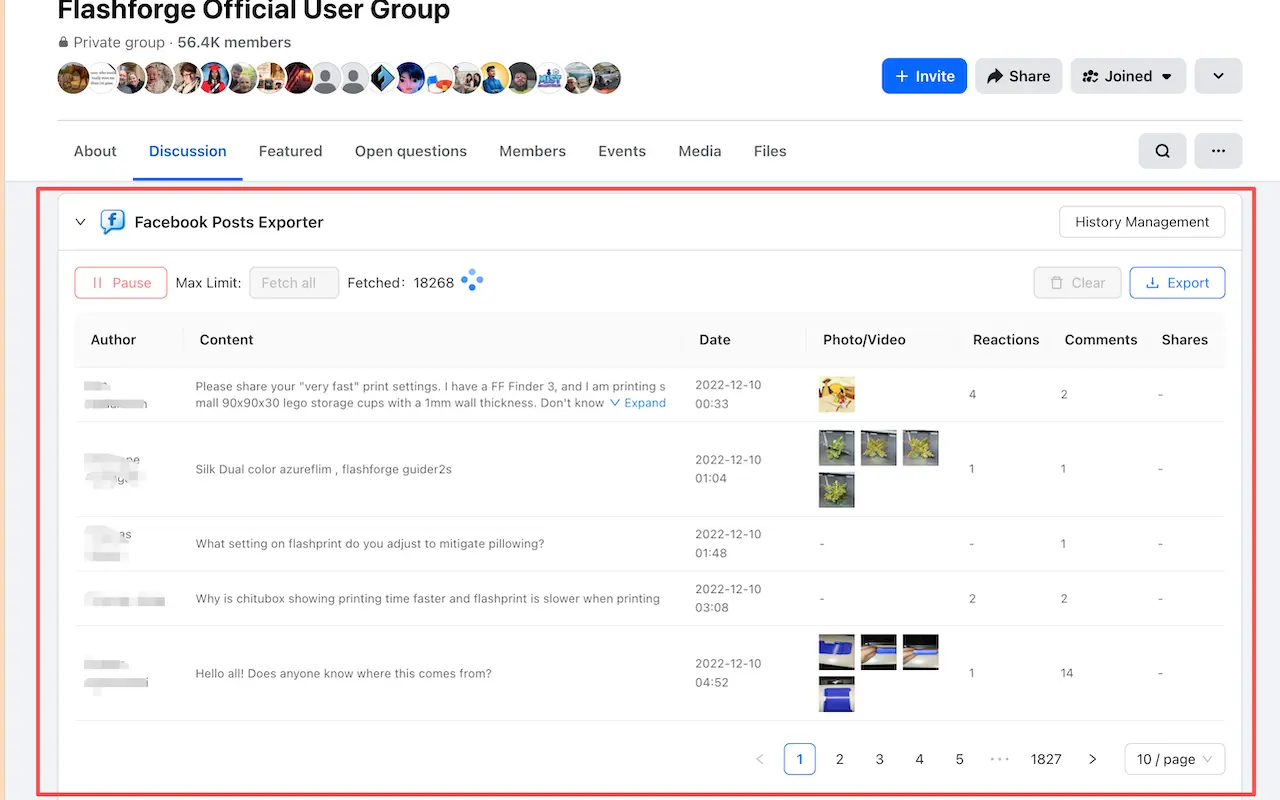The scraping panel at the top of a Facebook feed, collecting posts in real time