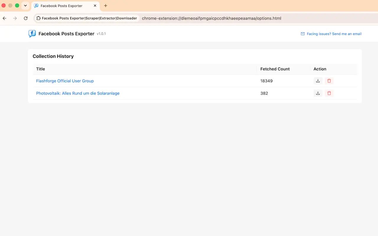 The collection history page listing scraped groups and profiles with post counts