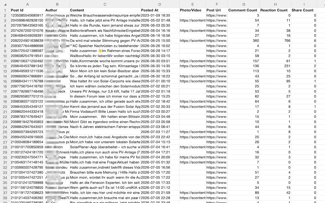 Exporting the collected Facebook posts as an Excel XLSX file