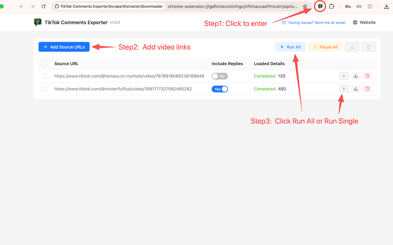 Pasting TikTok video links into the extension's scraping queue, Live scraping progress showing comment and reply counts for each video