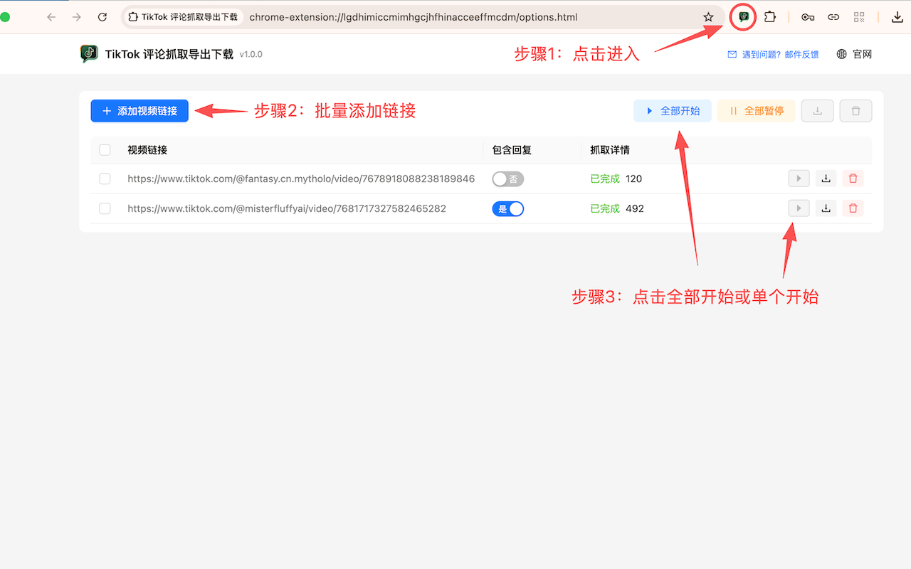 将一批 TikTok 视频链接粘贴进扩展的抓取队列;抓取进度界面,实时显示每个视频的评论与回复数量